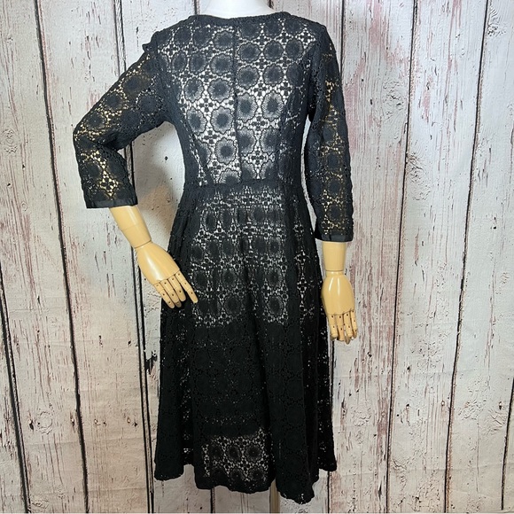 Vintage Crochet Floral Lace Black Sheer Cocktail Fit & Flare Dress SMALL EUC - Picture 2 of 15